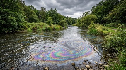 Obraz premium River showing iridescent oil rainbow sheen flowing through a green park
