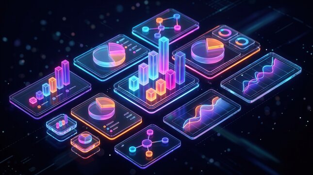 Vibrant digital charts and neon data trends in a futuristic high-tech display.