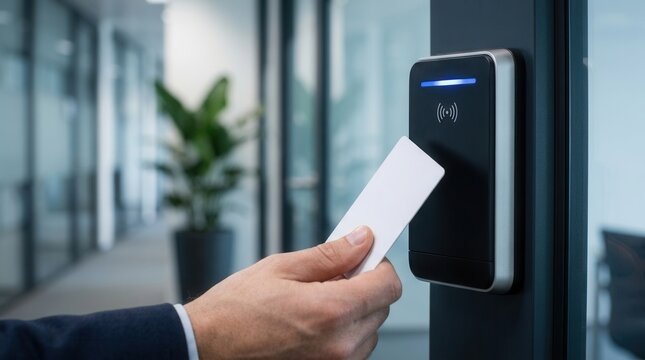 Person uses a white keycard to tap a sleek electronic door entry reader.