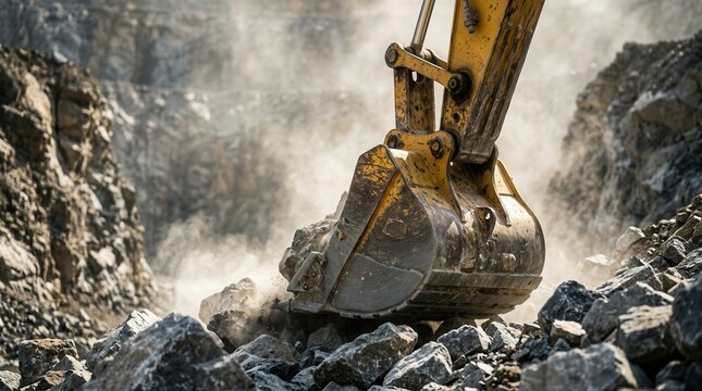 Heavy machinery breaks ground to uncover large stones at a bustling outdoor construction site.