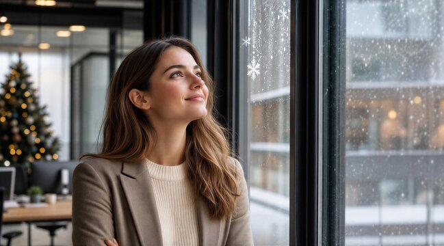 Thoughtful Businesswoman Looking Out Window in Winter Office