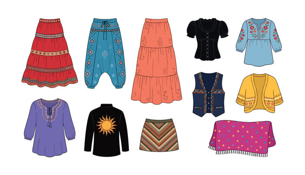 Bohemian fashion apparel set with ethnic embroidery design elements . Maxi skirts, peasant blouses, embroidered vest, traditional garments, flat vector illustrations .
