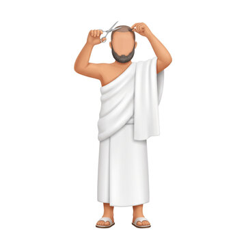 Hajj pilgrim cutting hair with scissors illustration isolated on transparent background