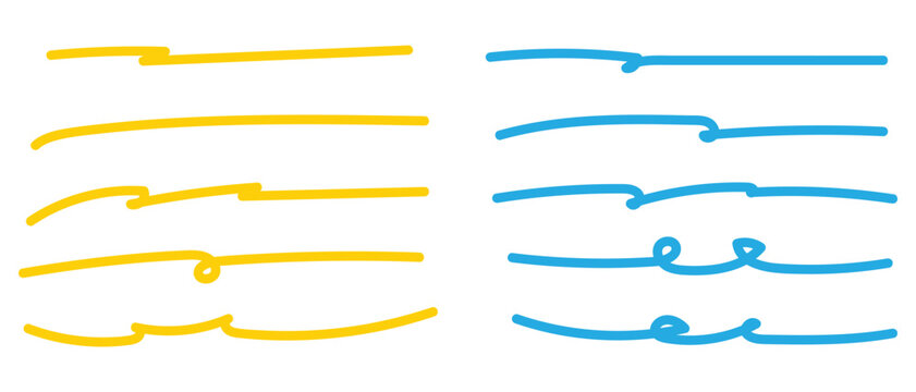 set of blue, yellow text underline vector design, hand drawn underline elements, vector illustration.