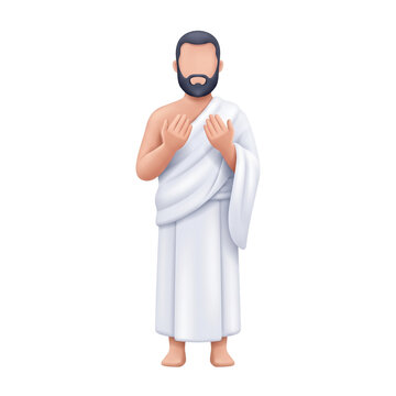 Hajj pilgrim in traditional ihram clothing flat vector illustration isolated on transparent background