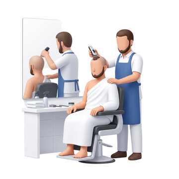 Hajj pilgrim getting a haircut from a barber 3d render isolated on transparent background