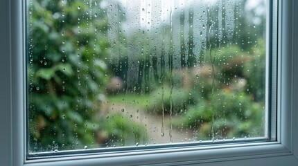 Obraz premium Close-up of condensation on window glass during humid weather.