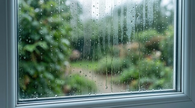 Close-up of condensation on window glass during humid weather.
