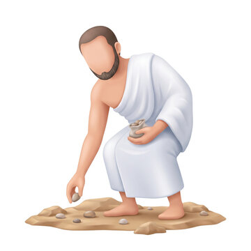 Hajj pilgrim performing ritual of throwing stones vector illustration isolated on transparent background