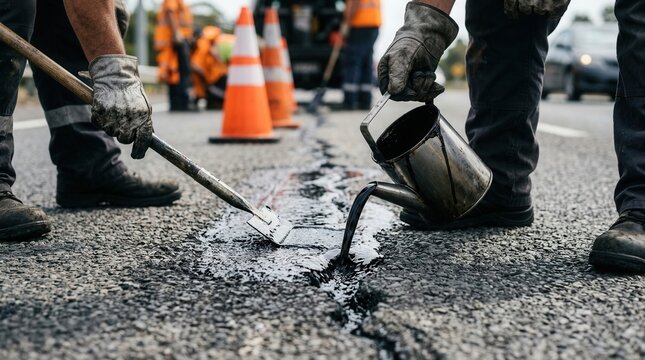 Construction workers repair road cracks using bitumen emulsion and sealant tools.