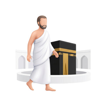Hajj pilgrim walking towards the Kaaba in Mecca 3D illustration isolated on transparent background