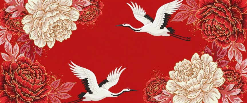 Asian traditional red background with cranes and flowers