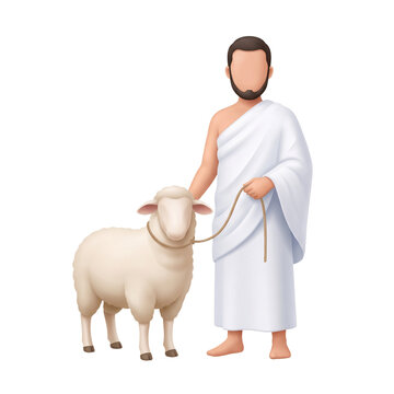 Hajj pilgrim with sacrificial sheep vector illustration isolated on transparent background