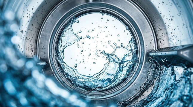 Dynamic blue water splashes inside an industrial washing machine drum.