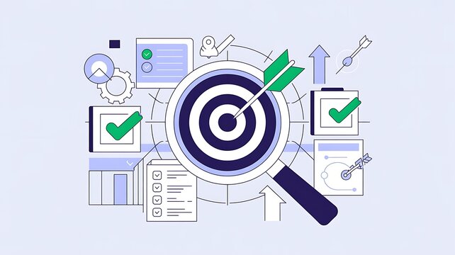 Business strategy planning and quality management concept. Magnifying glass focuses on target icon and arrow with check marks. business goal setting, strategy planning, quality management processes