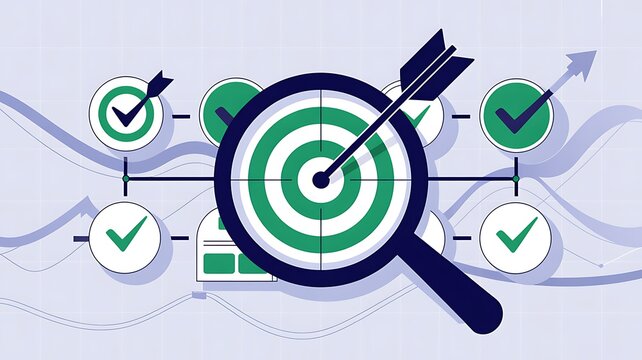 Business strategy planning and quality management concept. Magnifying glass focuses on target icon and arrow with check marks. business goal setting, strategy planning, quality management processes
