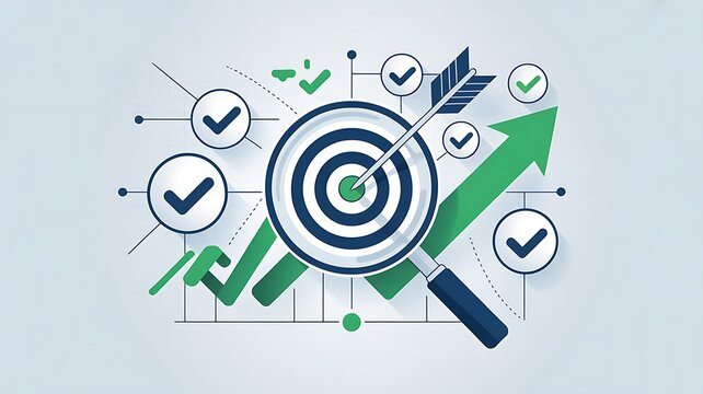 Business strategy planning and quality management concept. Magnifying glass focuses on target icon and arrow with check marks. business goal setting, strategy planning, quality management processes