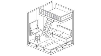 Fototapeta premium Space saving loft bedroom with integrated study nook and sofa seating