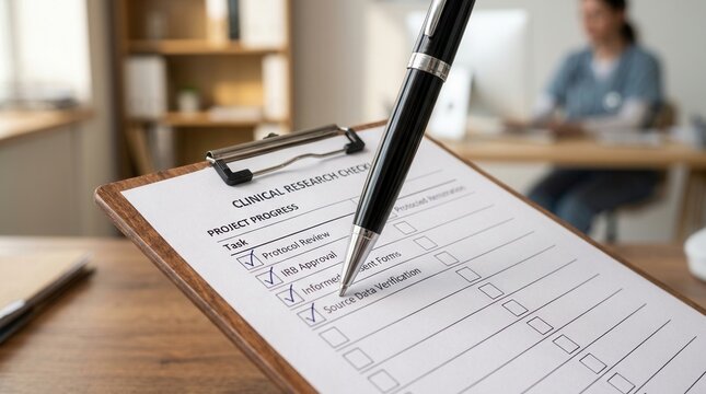 A pen marking checklist items on monitoring visit documentation in a clinical office.
