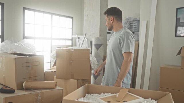 Man unpacks cardboard boxes with hands open and inspects packing peanuts while standing among stacked moving boxes in building; quiet contemplative.
