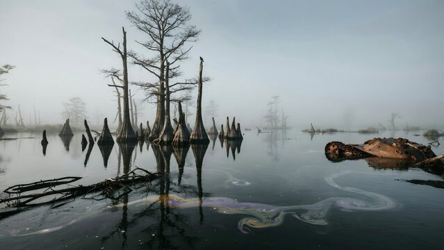 Mystical Wetland Scene with Dead Trees and Still Water Under Foggy Sky