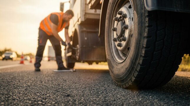 A professional mechanic inspecting a large truck tire during emergency roadside assistance.