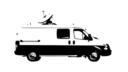 Obraz premium Minimalist Black News Satellite Van Silhouette Vector Icon Isolated on White Background for Broadcasting, Media, Telecommunications, and Transport Design