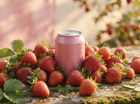 Chilled pink can surrounded by ripe strawberries in a warm sunlit field