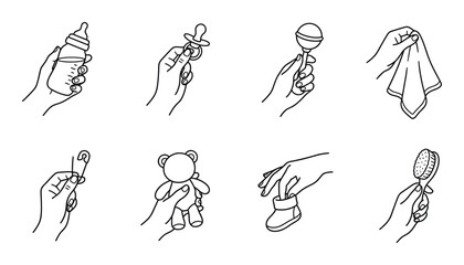 Obraz premium Infant care items held by hands black and white vector icons.