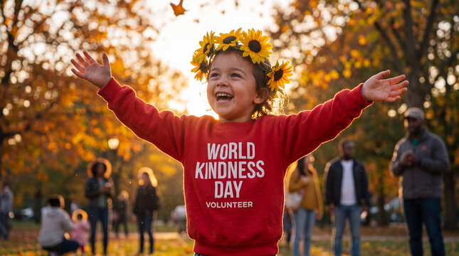 A child in a red volunteer hoodie with a sunflower crown reaches arms up laughing, expressing World Kindness Day hope for inspirational posters and key visuals.