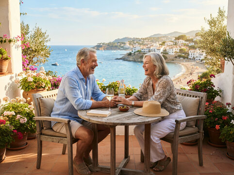 Older couple toasting white wine on a terrace above a white coastal town