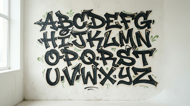 Graffiti alphabet painted across a white wall in a bare aged empty room