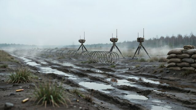 Military surveillance towers and barbed wire fencing in a war zone landscape