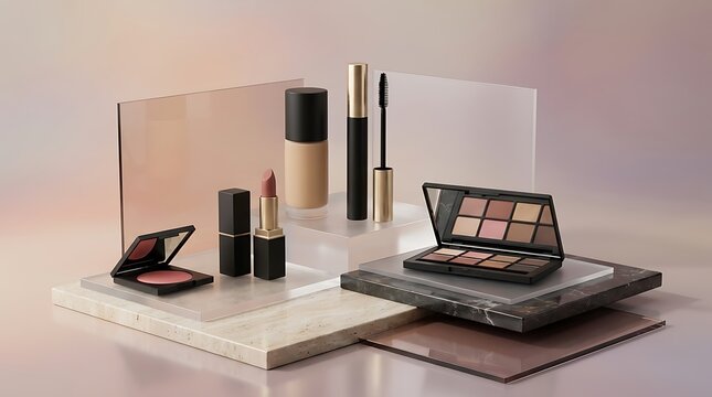 Set of luxury makeup products including eyeshadow palette lipstick foundation and mascara arranged on modern display surfaces for professional beauty photography. high-end makeup sale