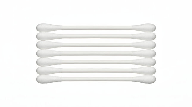 Set of six white cotton swabs arranged horizontally on clean background for medical or cosmetic use