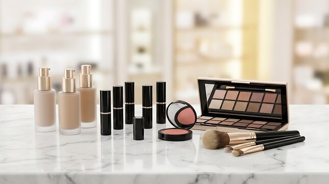 Set of professional makeup cosmetics including lipstick tubes foundation bottles eyeshadow palette and makeup brushes for a beauty salon and personal daily skincare routine. high-end makeup sale