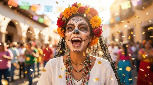 Mexican woman with sugar skull face paint celebrating Dia de los Muertos, wearing flower crown and black veil during traditional festive parade on All Saints' and Souls' Day.