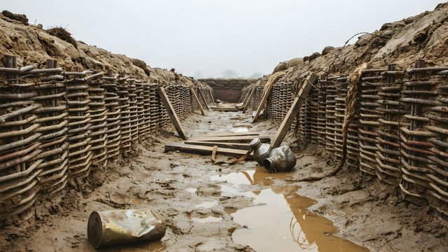Historical World War II Bunker and Defensive Trench System with Sandbags