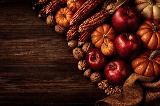 Autumn harvest flat lay with pumpkins apples corn and nuts on wood