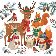 Fototapeta premium Cute Winter Forest Animals Wearing Hats and Scarves Celebrating the Holidays Together