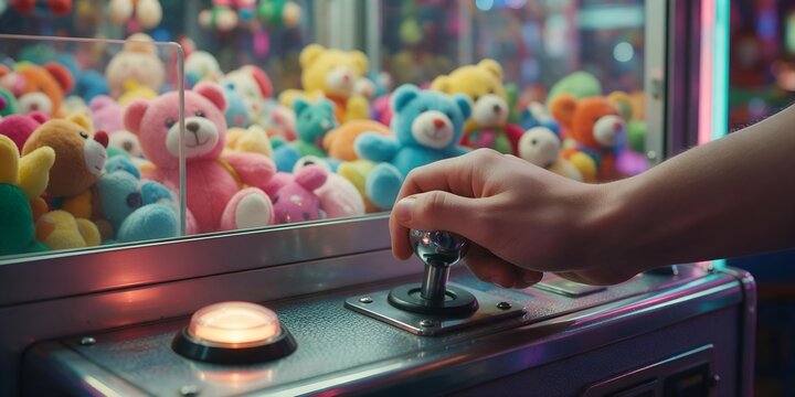 Hand Operating Joystick on Claw Crane Arcade Machine Filled with Colorful Teddy Bear Plush Toys
