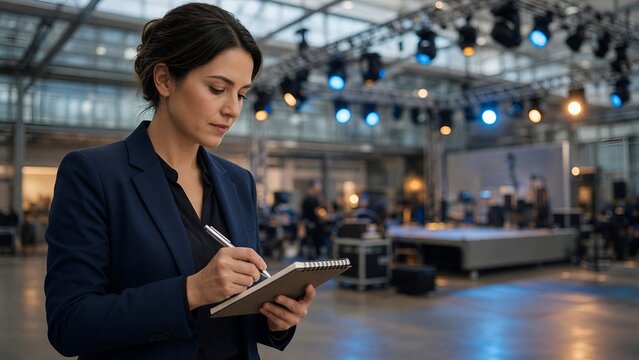 Professional Event Planner Writing Notes on Tablet Inside Large Conference Hall