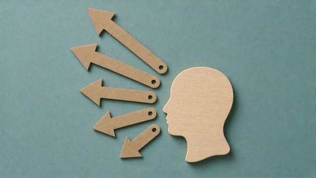 Wooden Profile of Human Head with Multiple Arrows Pointing Forward for Decision Making