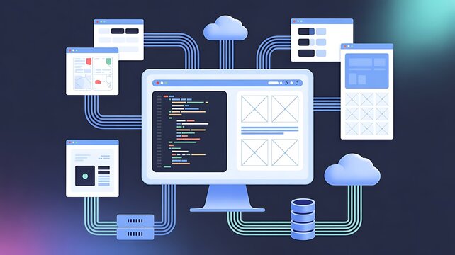 Web development and web design concept. internet programming architecture, coding interface, website creation, UI UX design, frontend, backend development, cloud, database connection, digital workflow
