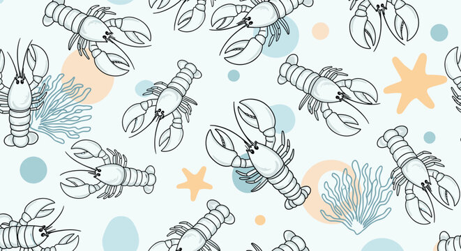 Seamless pattern of detailed white lobsters, starfish, and colorful bubbles on a light blue background, evoking a nautical seafood theme.