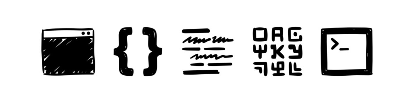 Hand-drawn coding and programming icons set including browser window, curly braces, code lines, QR code, and command line terminal isolated on white background.