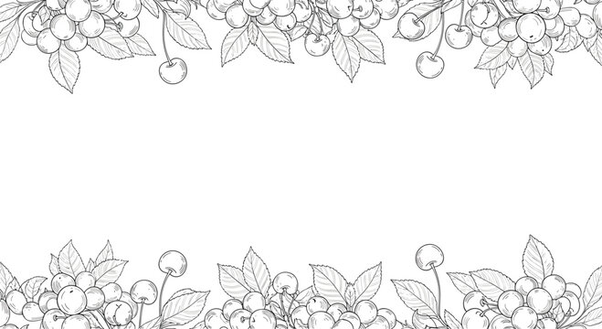 Botanical border frame featuring bunches of cherries with leaves and individual berries on stems in a black and white sketch art style.