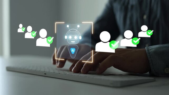 AI recruitment concept showing automated hiring, employee approval and smart candidate selection. Artificial intelligence helps HR teams screen applicants, manage resumes and improve recruitment workf