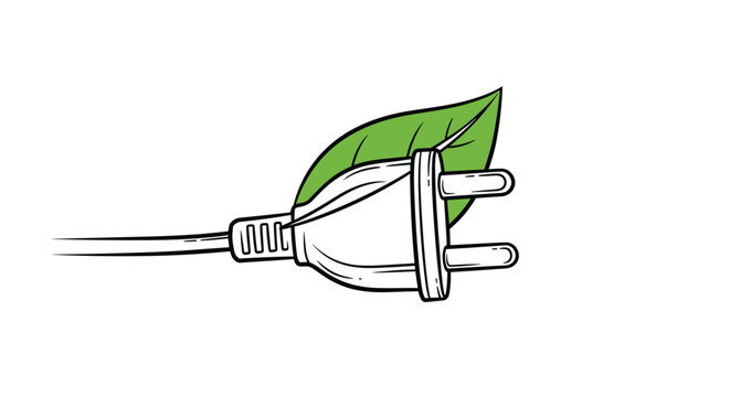 Two-prong power plug merges with a green leaf to represent the concept of sustainable and eco-friendly electric power.