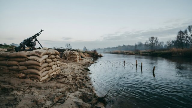 Military defense position with sandbags and artillery by a river in a rural landscape